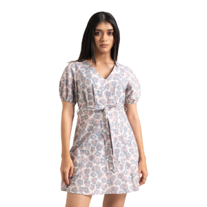 Puff Sleeve Tie Up Detail Dress